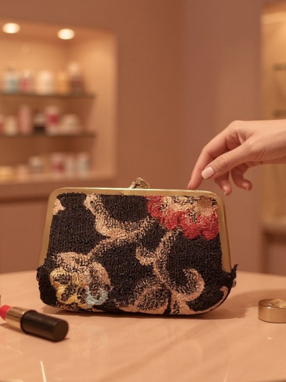 Vintage mid- century Japanese carpet brocade lipstick case bag with mirror - Picture 1 of 3